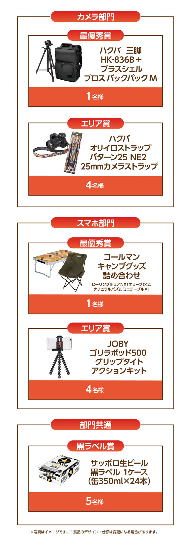 【カメラ部門】 最優秀賞：ハクバ 三脚HK-836B+プラスシェル ブロス バックパック M　1名様 エリア賞：ハクバ オリイロストラップ パターン25 NE2 25mm カメラストラップ 4名様 【スマホ部門】 最優秀賞：コールマン キャンプグッズ詰め合わせ(ヒーリングチェアNX(オリーブ)×2、ナチュラルパズルミニテーブル×1) 1名様 エリア賞：JOBY ゴリラポッド500 グリップタイトアクションキット 4名様 【部門共通】 黒ラベル賞：サッポロ生ビール 黒ラベル 1ケース(350ml缶×24本) 5名様