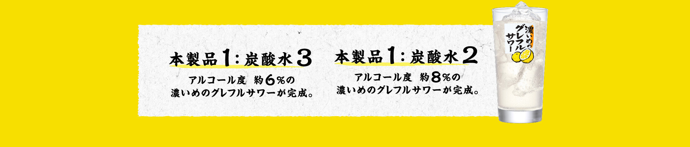 本製品1：炭酸水3 アルコール度　約6％の濃いめのグレフルサワーが完成。 本製品1：炭酸水2 アルコール度　約8％の濃いめのグレフルサワーが完成。