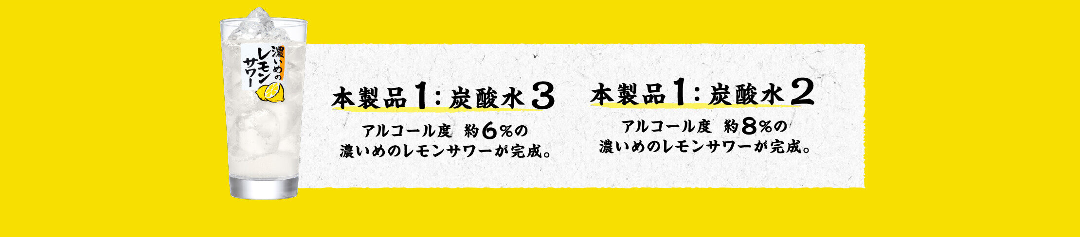 本製品1：炭酸水3 アルコール度　約6％の濃いめのレモンサワーが完成。 本製品1：炭酸水2 アルコール度　約8％の濃いめのレモンサワーが完成。